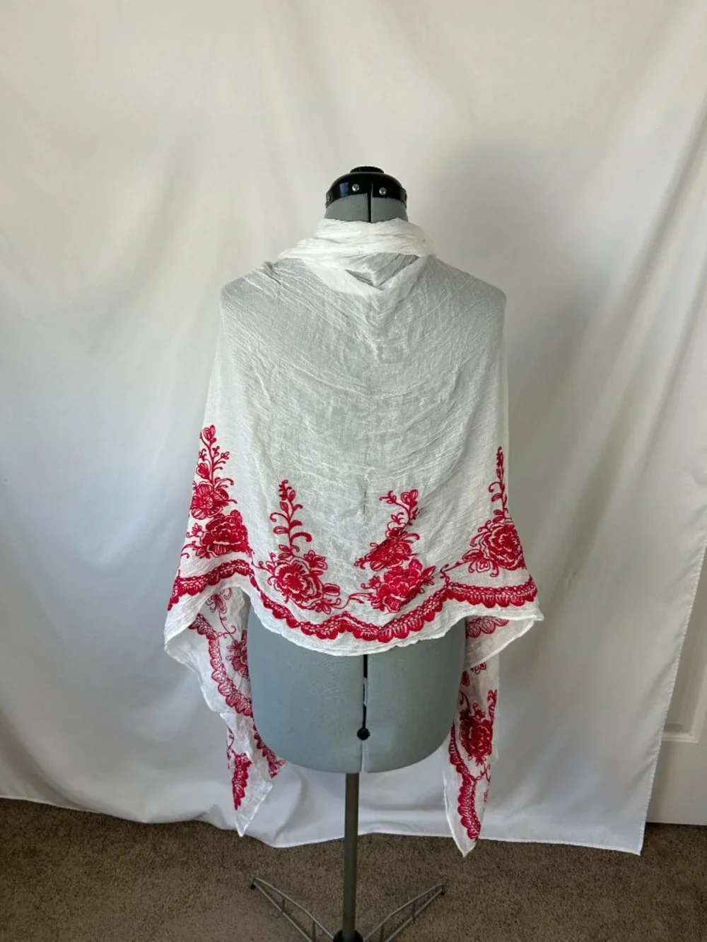 Embroidered Gauzy Scarf Wrap Red White Floral